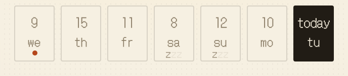 A week of day cards on the log page: each day shows the pull-ups logged, rest days marked with a rest note, and today highlighted.